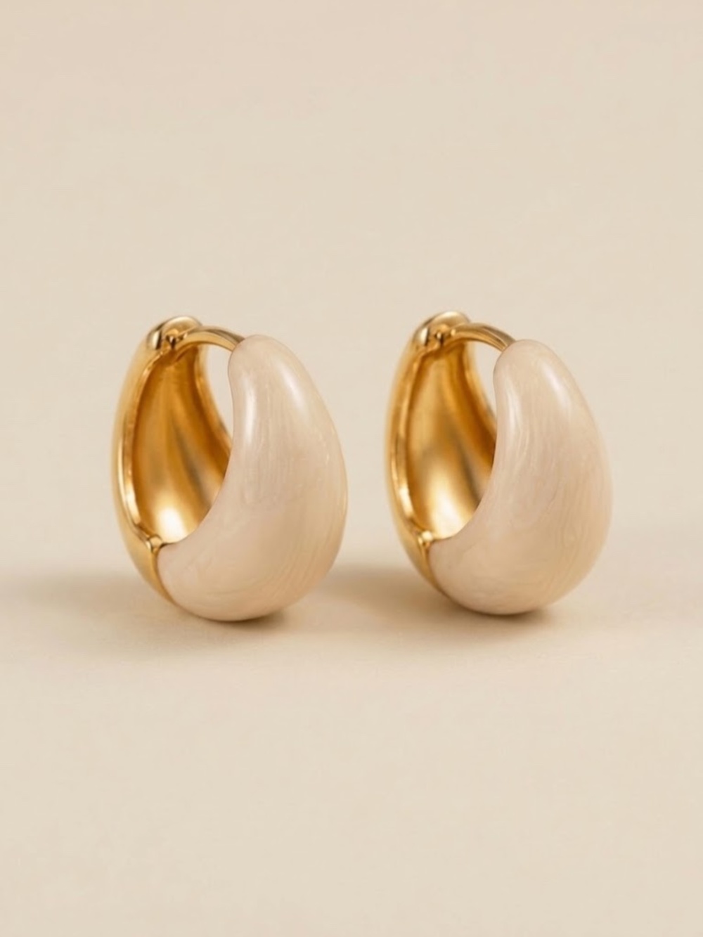 Cream Ivory Enamel Chunky Huggie Hoop Earrings Gold Tone